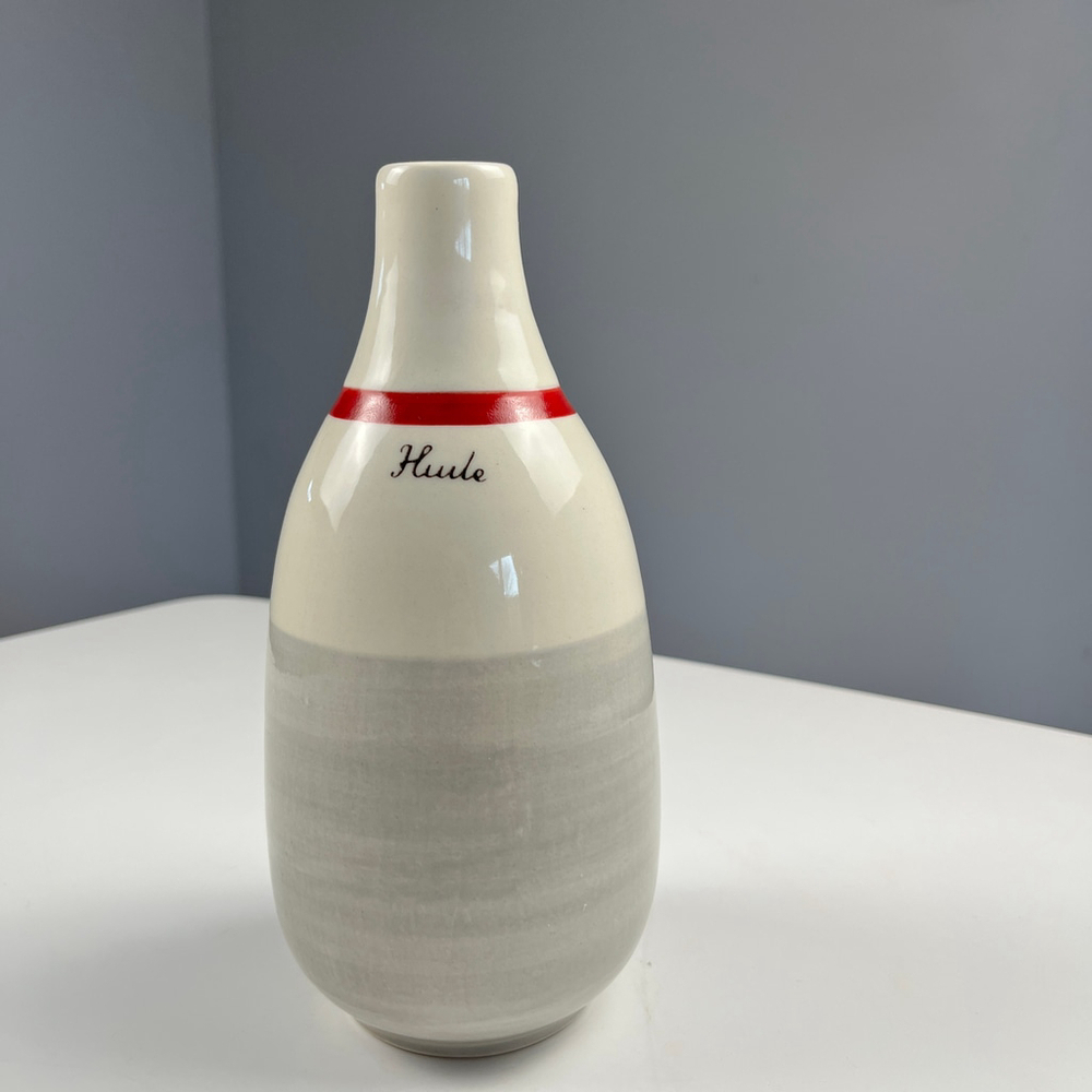 Poterie Weilbrenner et Lebeau The Oil or Vinegar Bottle grey and red sock